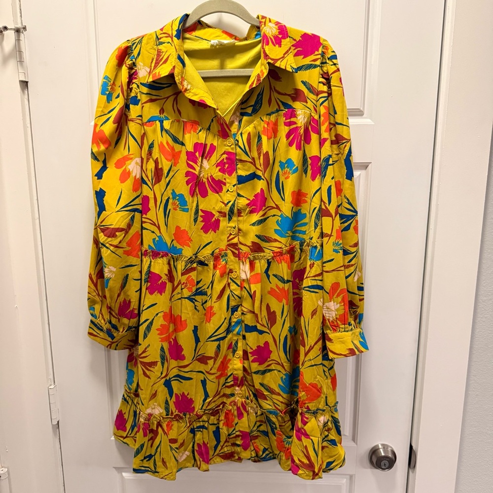 &Merci Floral Button Down Mini Dress Long Sleeve Ruffle Hem Size Large